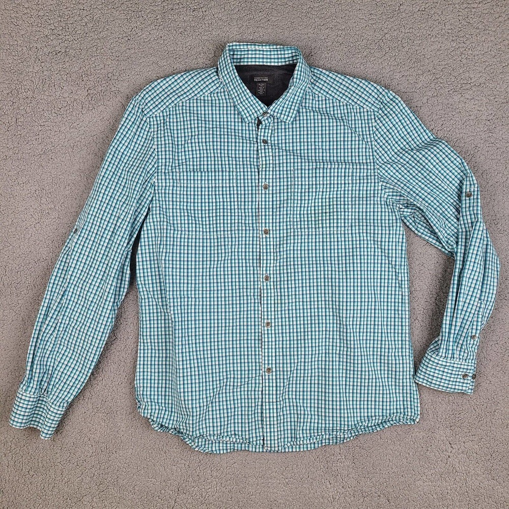 Kenneth Cole Reaction Shirt Men's XL Blue‎ White Plaid Button Down Long Sleeve